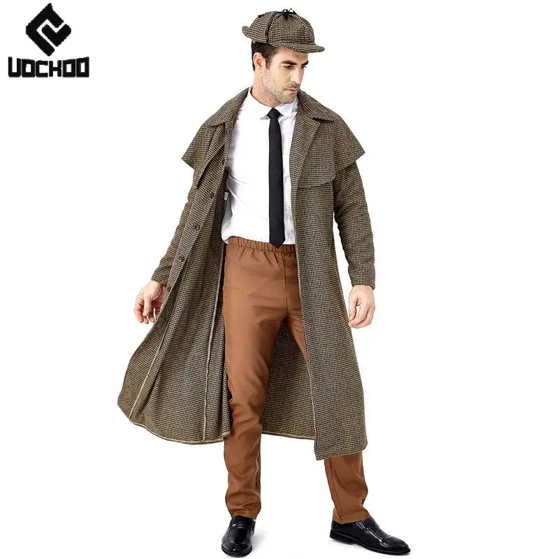 Men's Detective Costume Cosplay Victorian Sherlock Holmes Clothes with Trench Coat Hat for Halloween Male Cosplay Party Outfits view 3