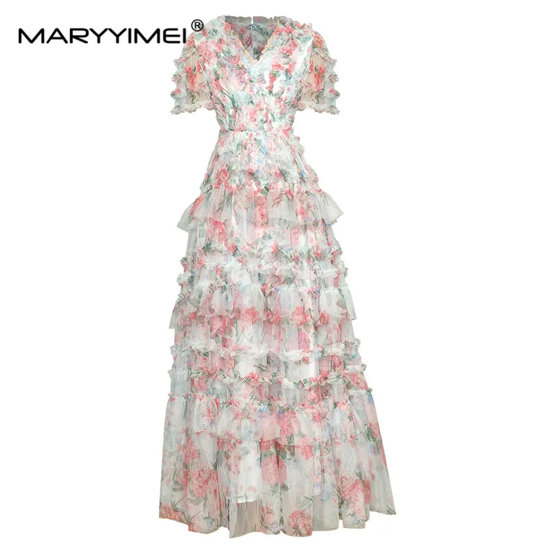 

MARYYIMEI Fashion Women's Summer dress V-neck Short sleeved Mesh Floral-Print Tiered ruffles Party Holiday Ball Gown Dresses