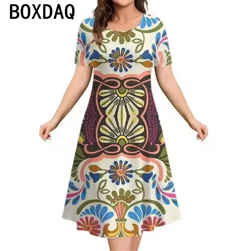 

Vintage Colorful Ethnic Style Print Dress Plus Size 9XL Women's Elegant Casual Mini Dress Short Sleeve O-Neck Summer Sundress