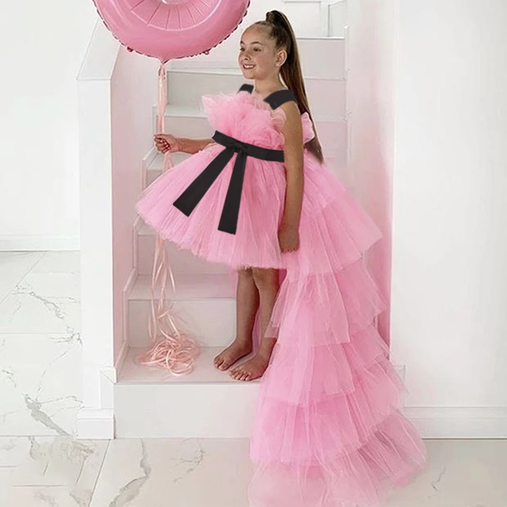 Baby Girls Trailing Princess Dresses Toddler Girl 1st Birthday Dress Kids Summer Flash Tulle Tutu Gown Children Evening Costumes