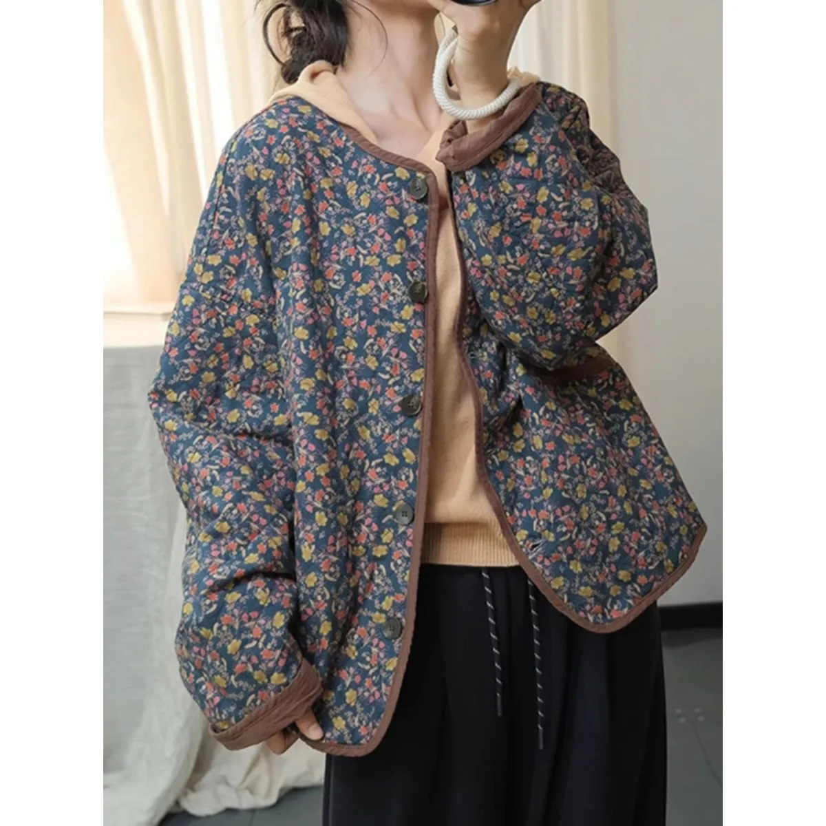 

Retro Floral Print Cotton Jaet Loose Fit Single Button Open Cardigan Thiened Winter Outerwear for Women plus Size