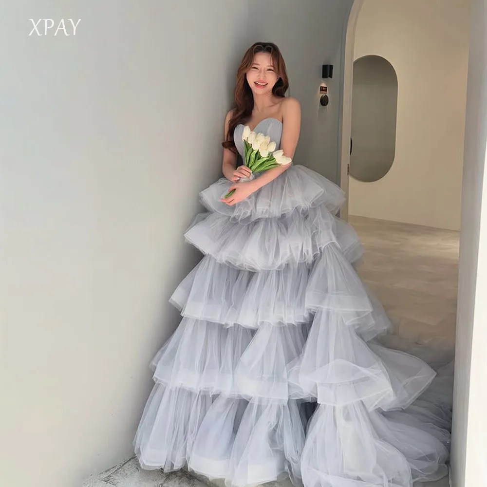 

XPAY Princess Tiered Puffy Skirt Korea Wedding Party Dresses Ruched Pleats Tulle Customized Floor Length Bride Party Gown