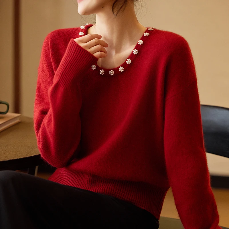 Mode 100% laine mérinos perles exquises col rond pull pull cachemire manches longues couleur unie doux mode vêtements haut