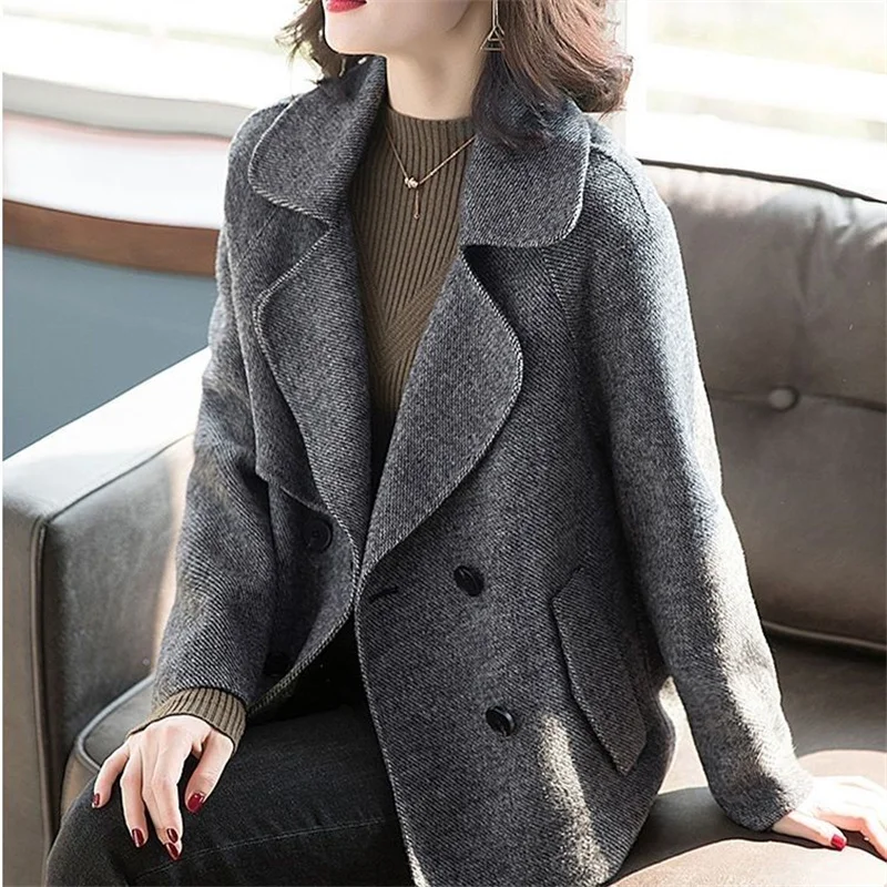 2024 Twill Woolen Coat Suit Jacket Women Double-breasted Blazers Autumn Winter Loose Short Coats Female Casual Tops Gray Outwear