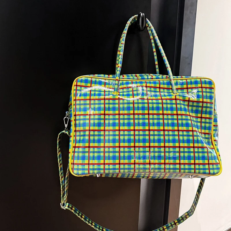 Karierte Schultertasche, Damen-Tragetasche mit großem Fassungsvermögen, minimalistische gelb-grüne Colorblock-Reisetasche mit Tragegriff – Detail 16