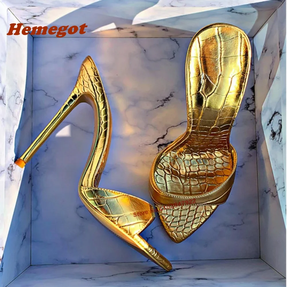 

Gold Stone-Pattern Slippers Thin High Heels Slip On Mules Pointed Toe Solid Women's Shoes Summer Fashion Elegant Luxury Shoes