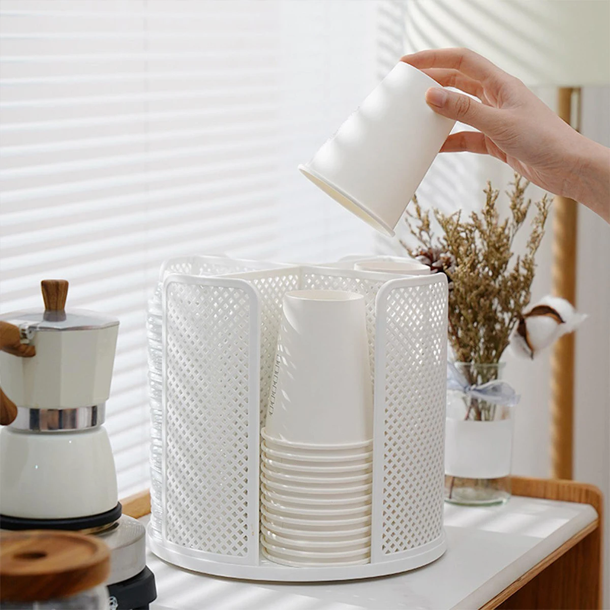 Rotatable Plastic Cup Storage Organizer 360°Dispenser 4 Compartment Cups and Lids Holder Detachable Desktop Coffee Cup Dispenser