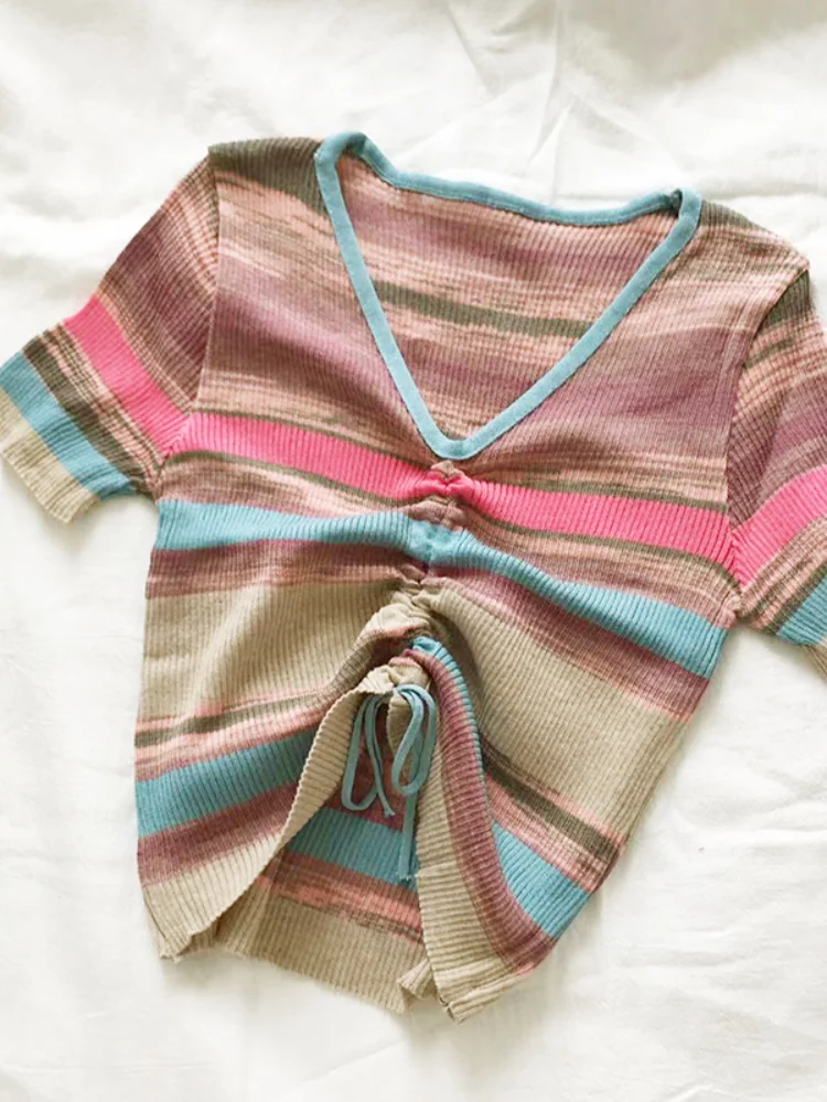 2024 New Summer Striped Print Drawstring Front Knitted Pullover Vacation V-neck Short Sleeve Colorblock Top Women\'s Clothing
