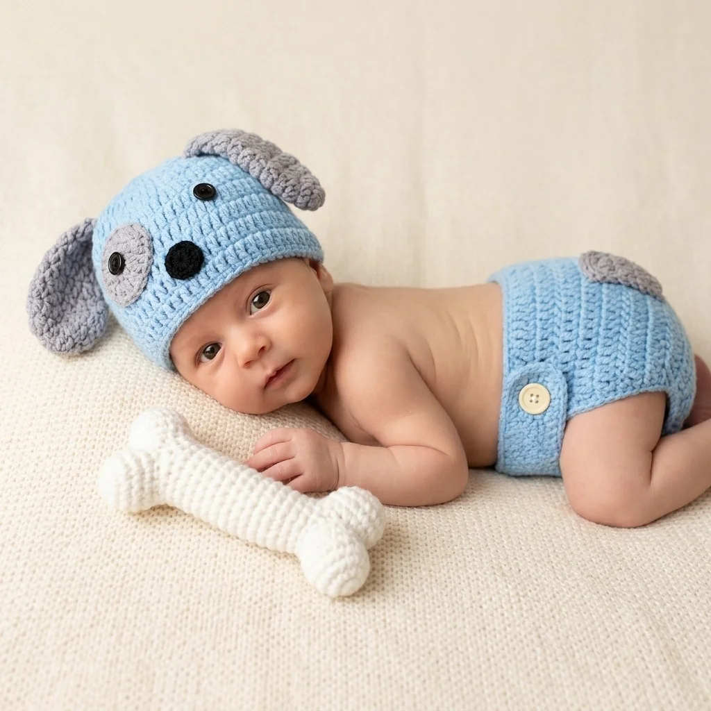 Accesorios de Fotografía para Recién Nacidos Hechos a Mano, Lindo Conjunto de Gorro y Pañalero de Punto con Diseño de Cachorro, para Bebés Niñas y Niños, Regalo para Baby Shower