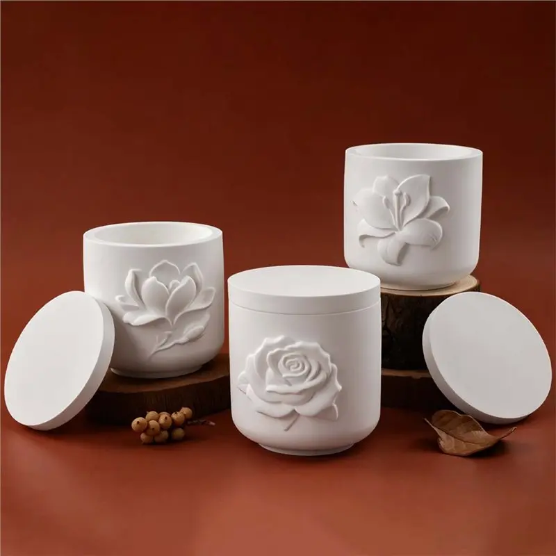 ABMR-Epoxy Resin DIY Plaster 3D Relief Rose Candle Jar Silicone Mold Set Magnolia Lily Flower Storage Box Molds