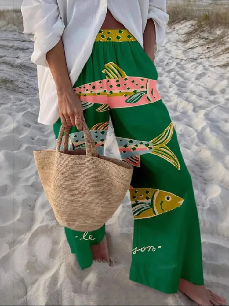 ใหม่สบายๆกางเกงหลวมกีฬากางเกงขากว้างLadyฤดูใบไม้ผลิฤดูร้อนแฟชั่นBeach Partyพิมพ์กางเกง 2025 เสื้อผ้าสตรี