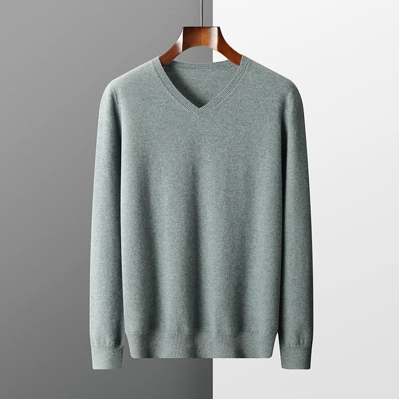 

Men's 100% pure cashmere pullover business casual solid color knitted sweater loose V-neck Tops basic Jumper for warmth