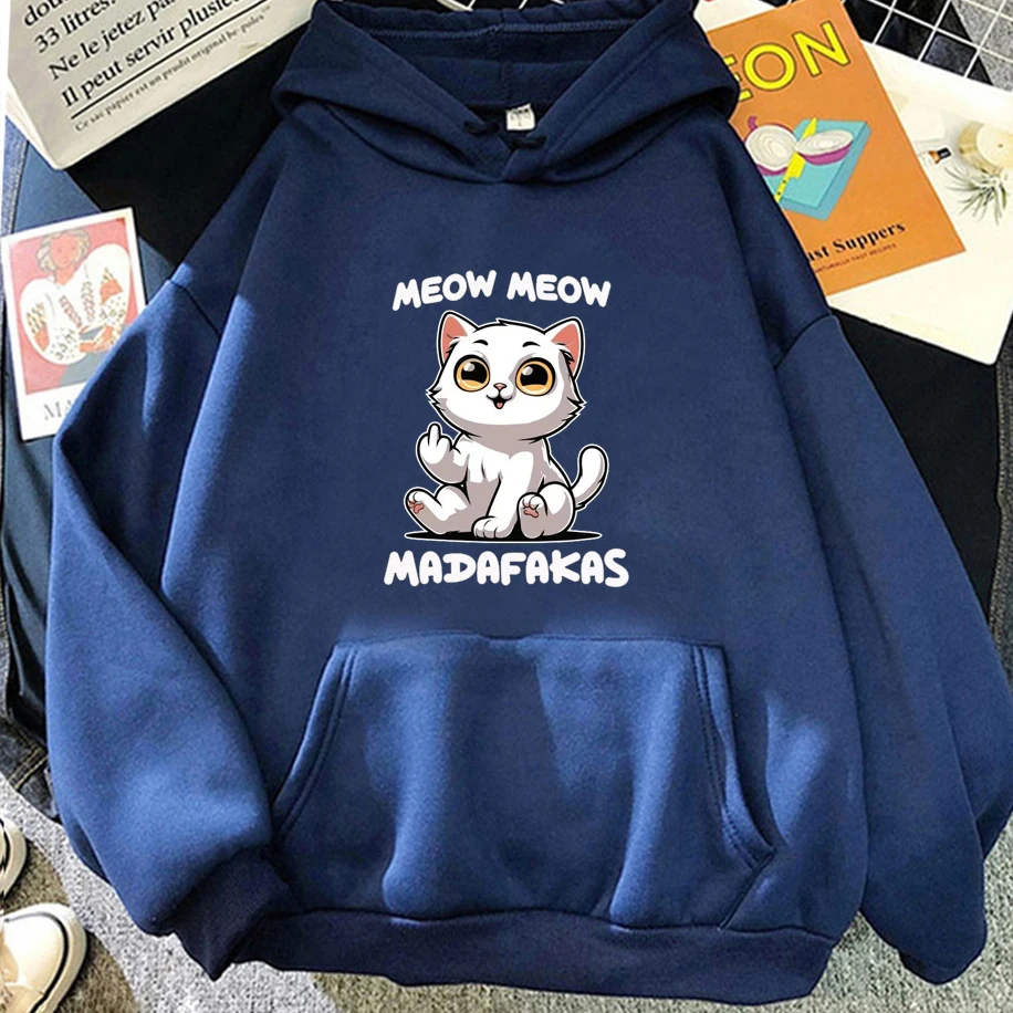 Fun Cartoon Meow Meow Cat Printed Men Women Hoodie Trendy Urban Streetwear Harajuku Casual Breathable Couple Top Unisex Pullover