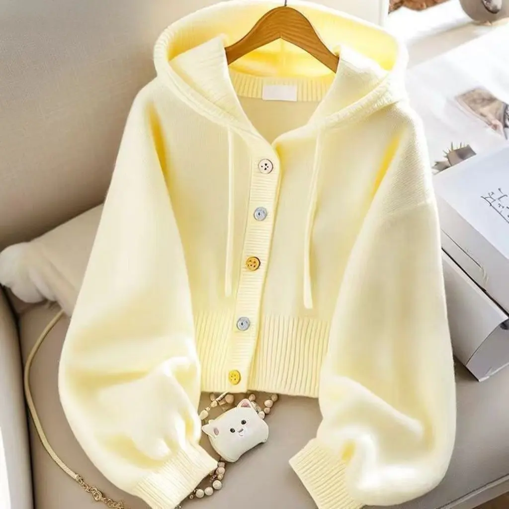 

Autumn New Women's Knitted Open Cardigan Top Warm Casual Loose Lazy Style Hat Sweatshirt Outerwear Fashionable Streetwear
