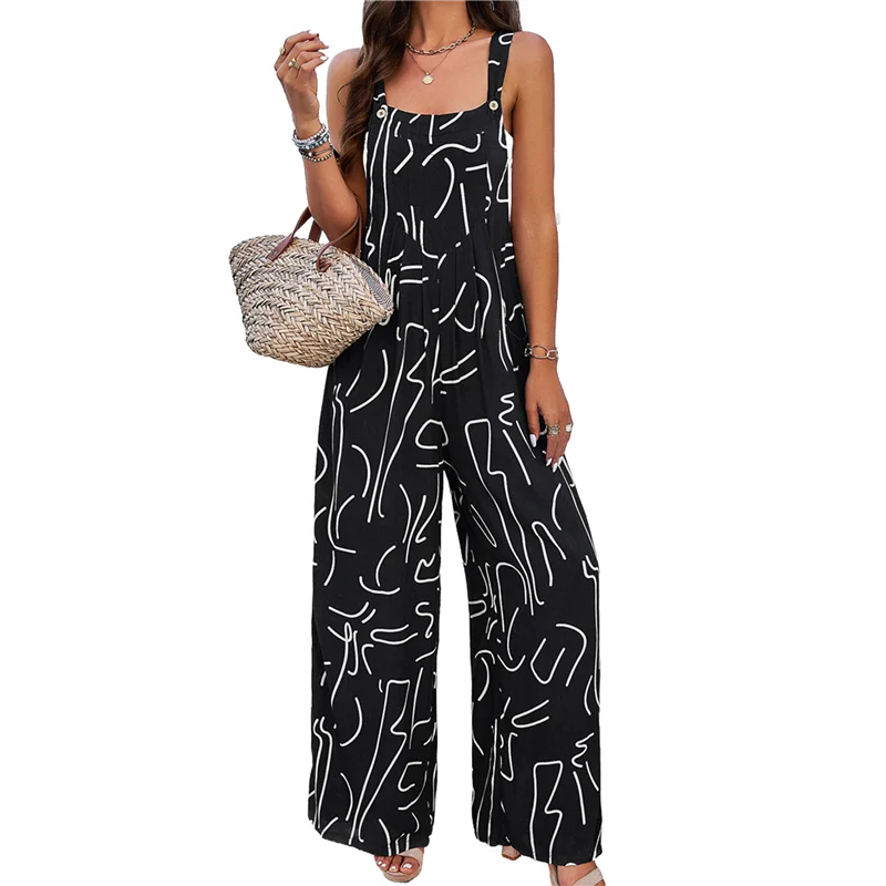 

A18P-Women's Summer Boho Casual Jumpsuits Wide Leg Overalls Floral Print Baggy Rompers With Pockets