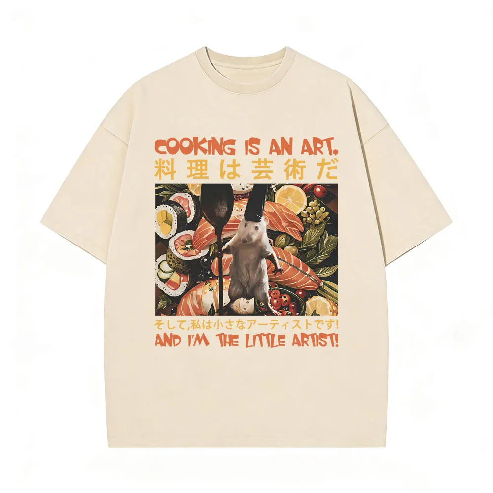 

Cooking Is An Art and I'm The Little Artisti T-shirt Funny Japanese Style Rat Vintage Washed T-shirt Men Casual Cotton T Shirts