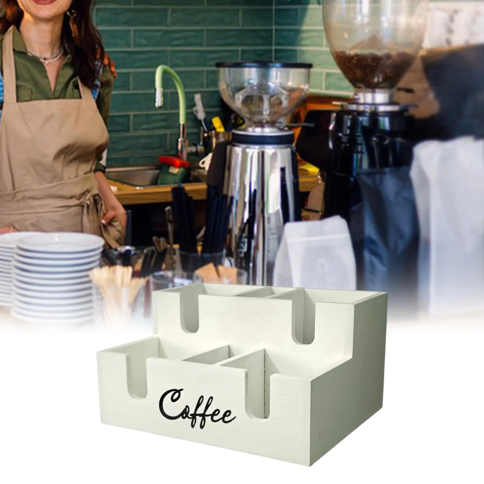 

Coffee Accessories Bar Organizer with 6 Compartment Wooden Storage Box for Home Office Breakroom Tea Pod Cup Syrup Holder