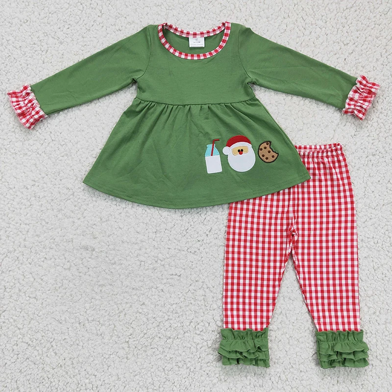 

Baby Girl Embroidery Santa Milk Cookie Cotton Christmas Nightwear Children Sleepwear Plaid Pants Set Kid Outfit Toddler Pajamas