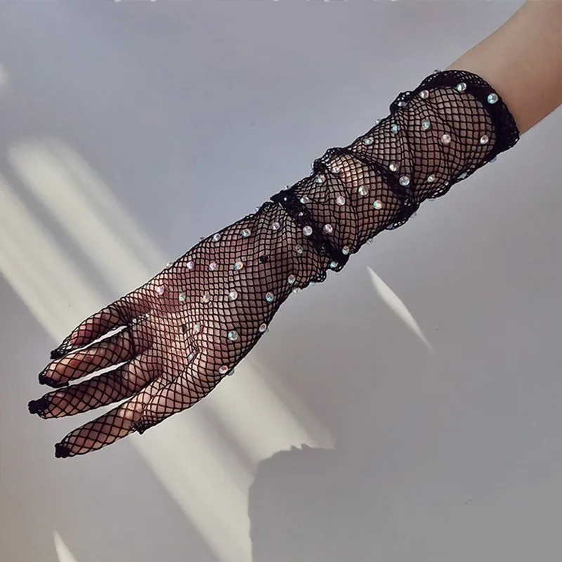 Women Sexy Fishnet Rhinestone Long Gloves Stretchy Flash Diamond Full Finger Ultra-Thin Mesh Gloves Exotic Party Costume Mittens