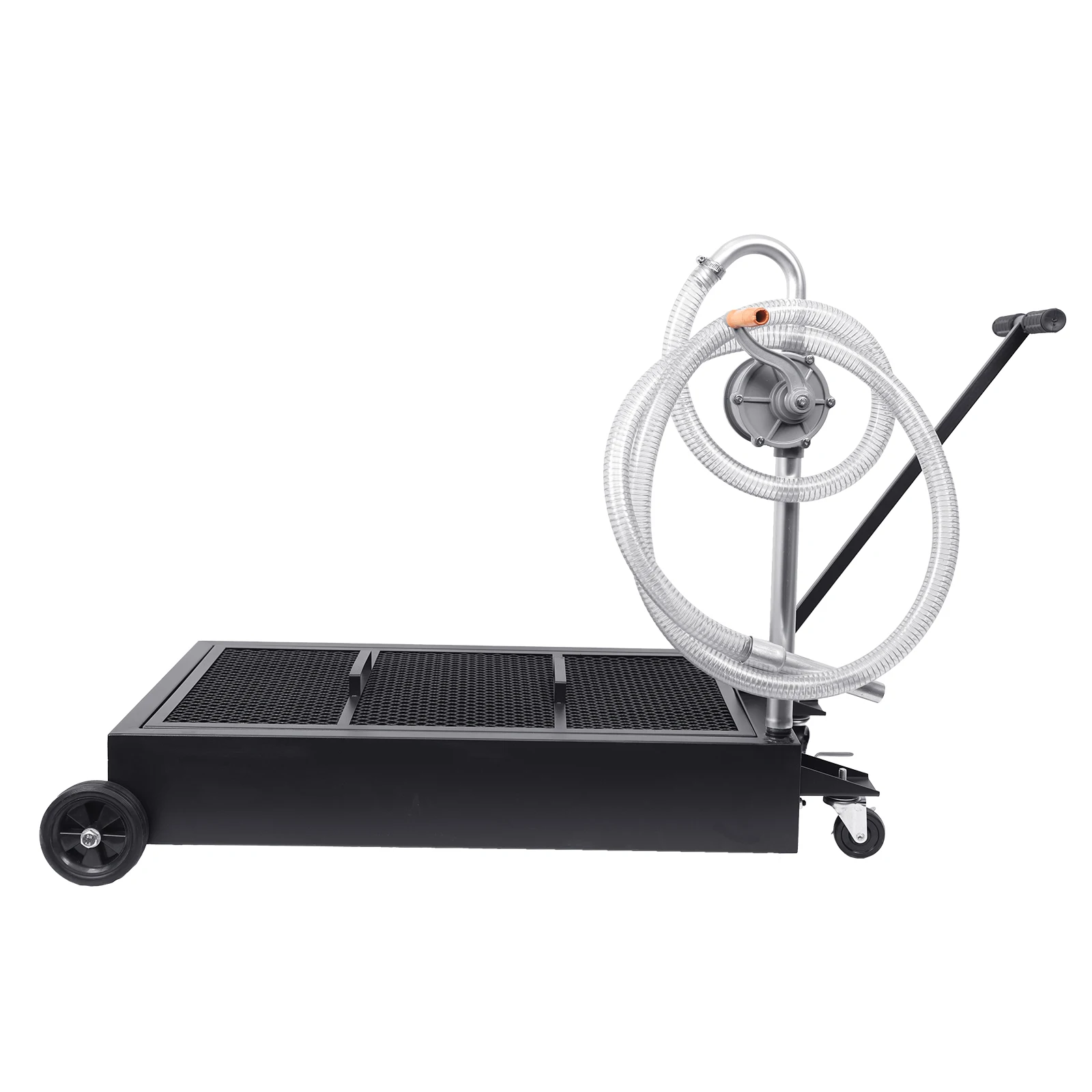 Oil Drain Pan 25 Gallon Tank Low Profile Foldable Large Capacity Oil Change Pan Foldable Hand with Pump Hose Swivel Caster Wheel