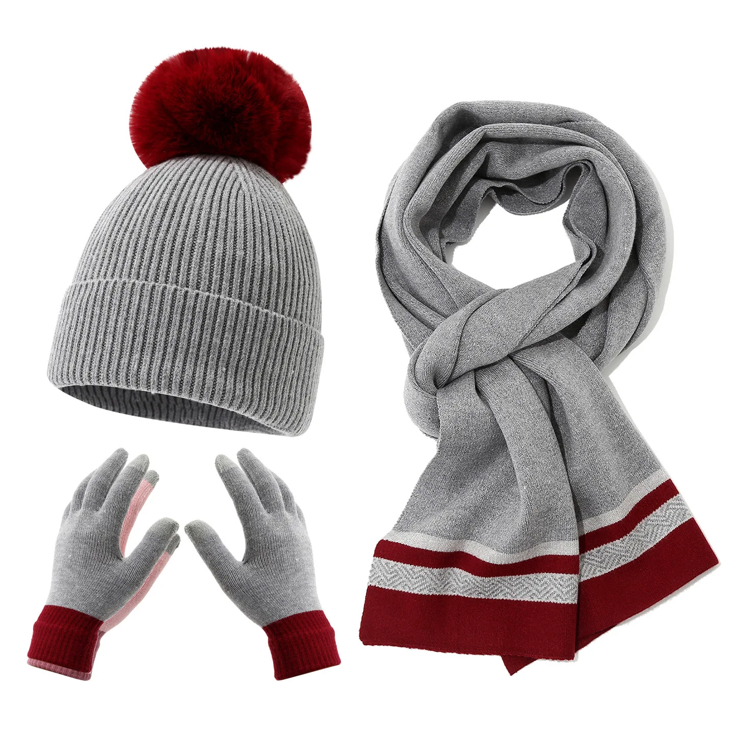 الشتاء المرأة بلون ضوء لوحة الشعر الكرة محبوك هود وشاح قفازات ثلاث قطع مجموعة في الهواء الطلق الكبار مجموعة دافئة