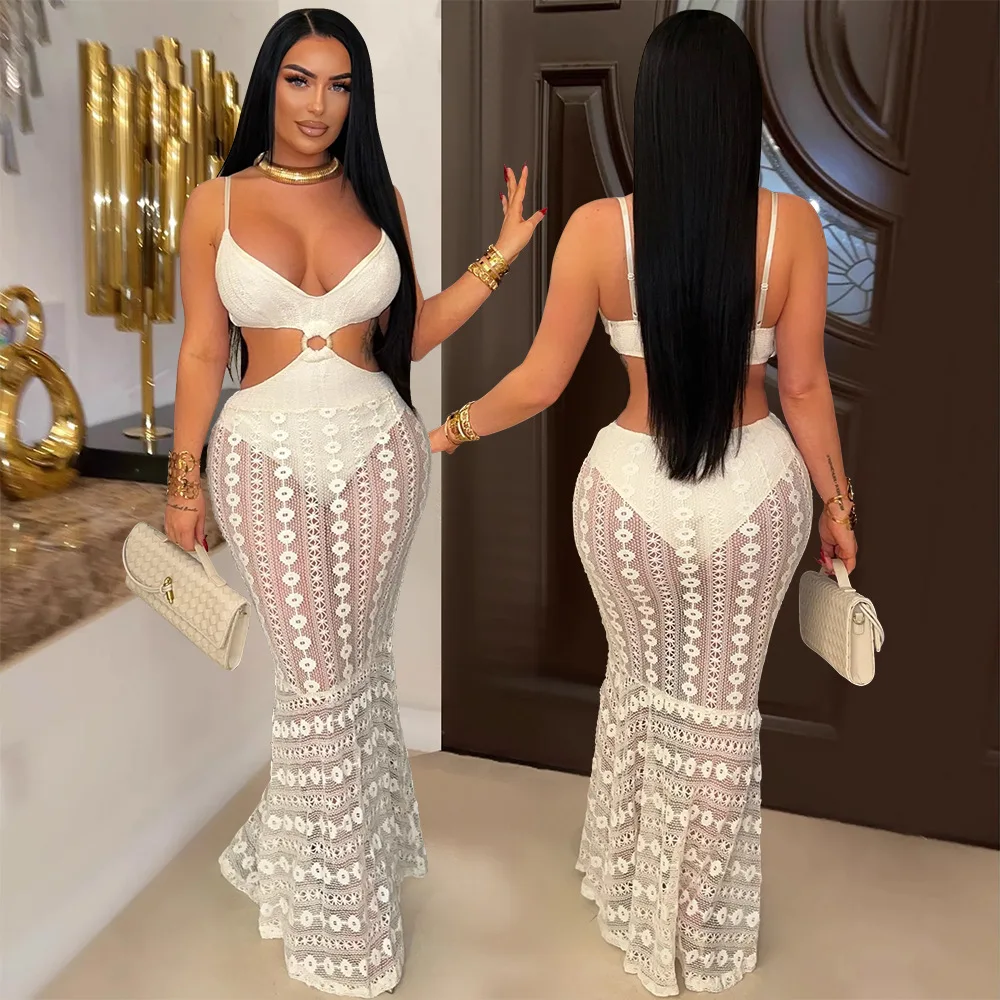 

V Neck Lace Hollow Out Dress Lady Party Evening Elegant Dresses 2025 Women Summer Clothes Luxury Sexy Bodycon Solid Dresses