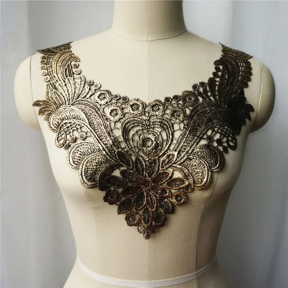 Bronze Flower Collar Embroidered Wedding Gown Appliques Lace Fabric Trims Sew On Patches For Dress DIY Decoration