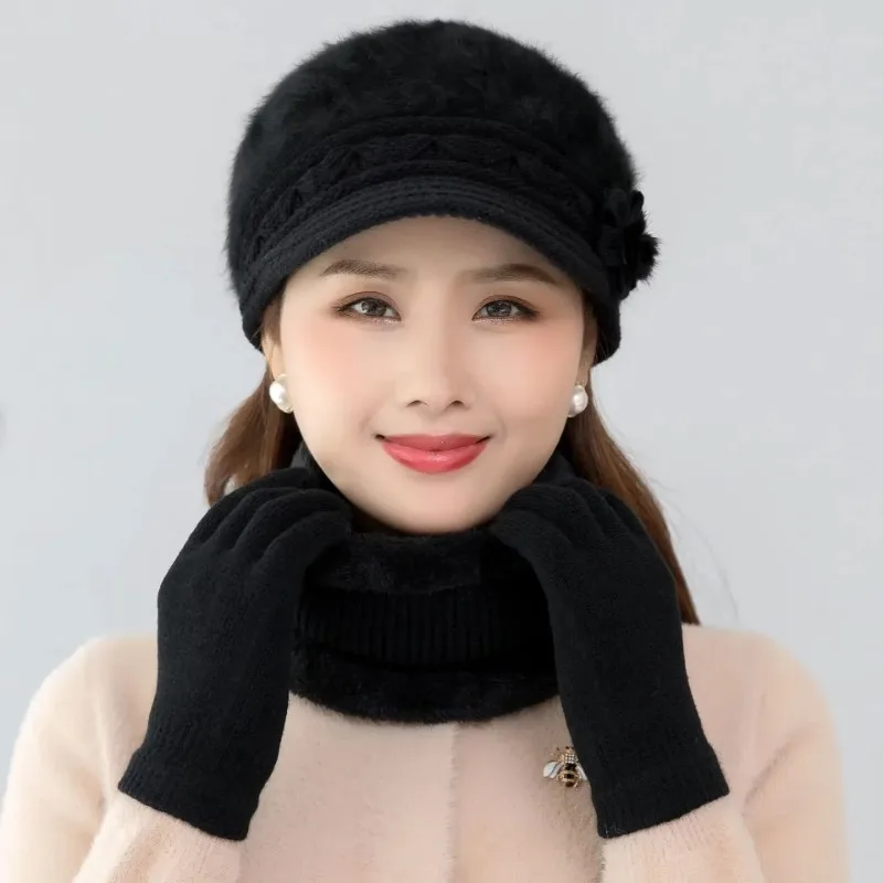 2pcs/ Set Winter Keep Warm Cap Thick Fur Lined Hat & Neck Scarf Warm Set Female Casual Knitted Hat Flower Solid Color Cold Hat