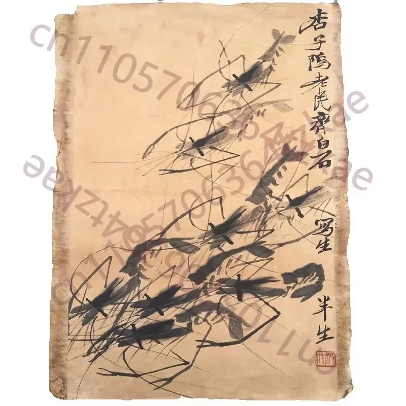 Qi Baishi Chinese Old Scroll Artist's Eight Shrimp Diagram Rice Paper Wall Painting Slice Traditional Oriental Art Decor