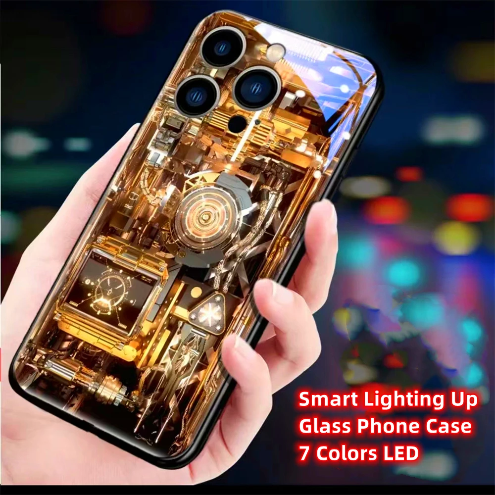 Golden Machinery Wheel Sound Control LED Flash Cases Luminous Cover For iPhone 16 15 14 13 12 11 Pro Max XR XS Plus 7 8 SE2020