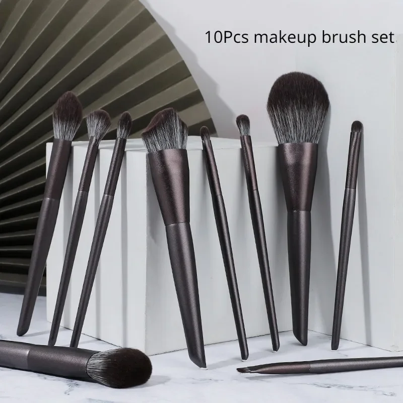 แปรงแต่งหน้า 10 ชิ้น แปรงแต่งหน้าด้ามไม้แบบพกพา แปรงแต่งหน้ารองพื้น เครื่องมือเสริมความงาม