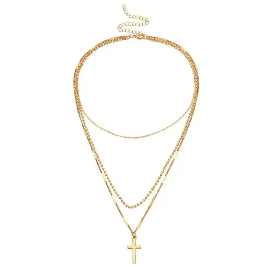

Vintage Layered Chain Necklace With Cross Pendant For Women