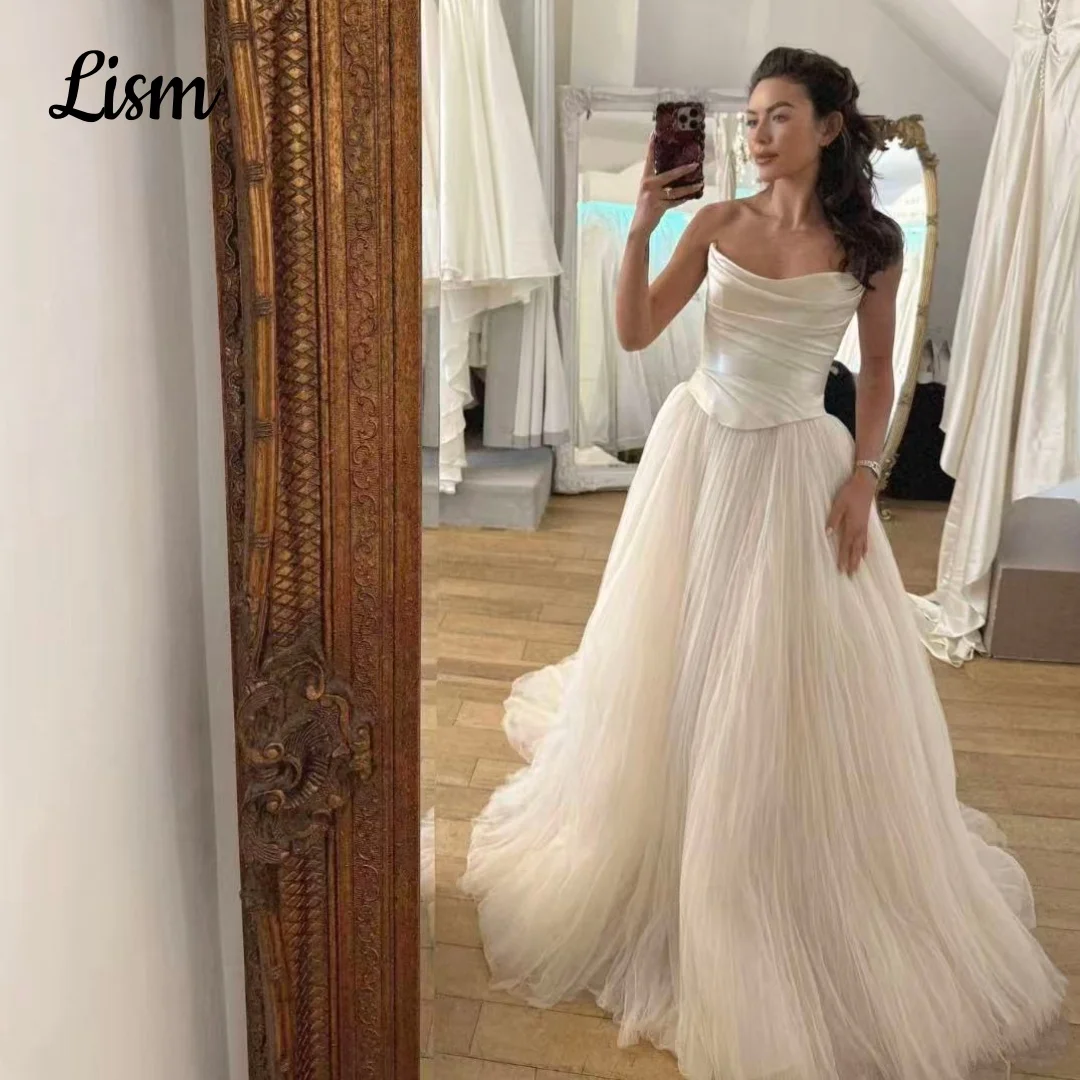 Lism Customized Modern Wedding Dress Strapless Pleated Ivory Satin Corset Draped Tulle A-Line Bridal Gown Vestido De Novia 2026