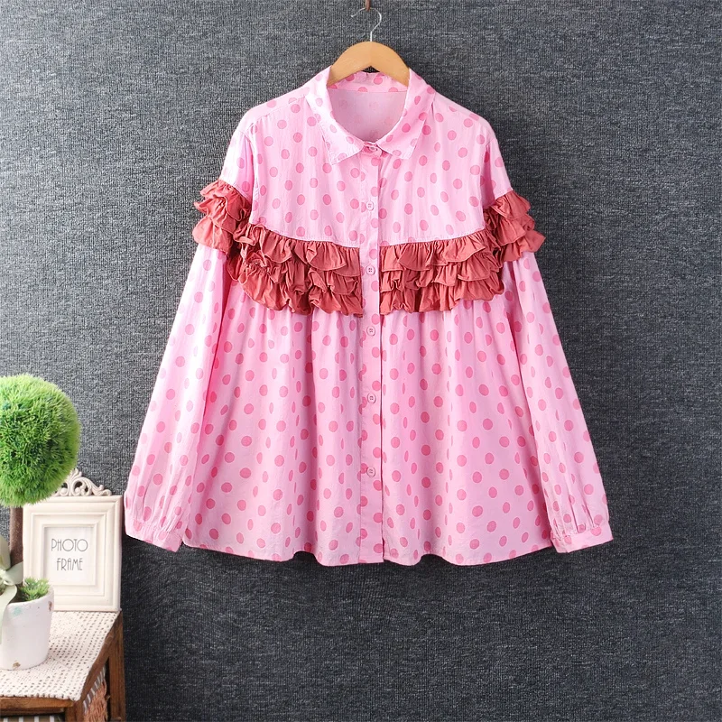 

Spring Summer Japanese Mori Girl Sweet Dot Print Shirt Women Long Sleeve Turn Down Collar Casual Loose Cotton Blouse Blusas Tops