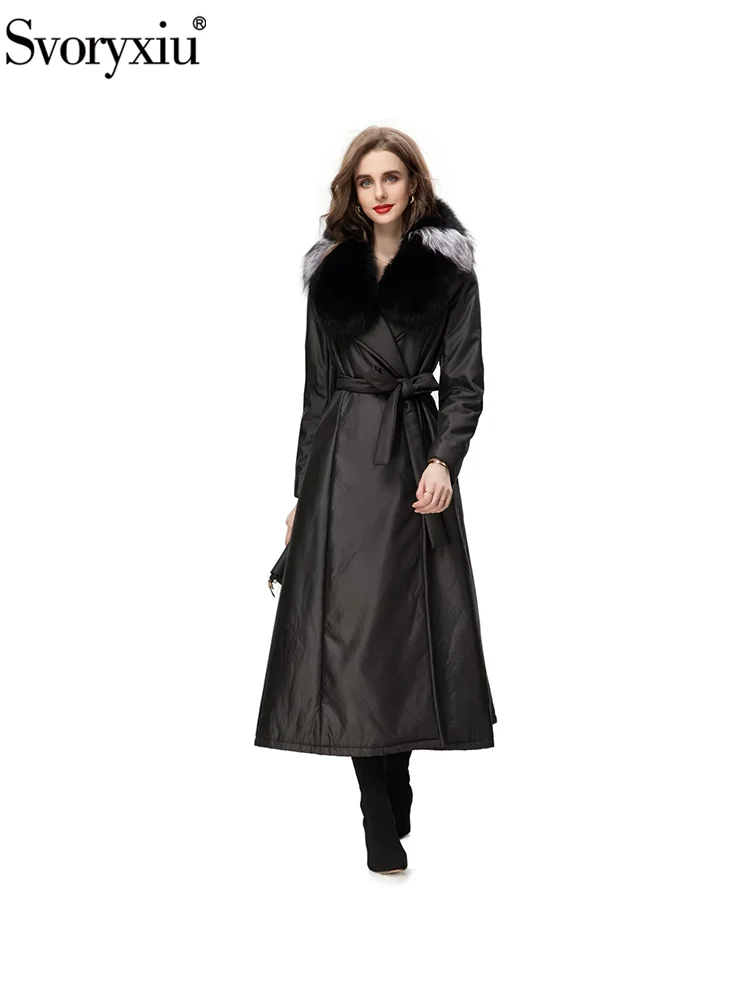 Svoryxiu Fashion Runway Winter Black Ankle-Length Padded Outerwear Women's Detachable Fur Turn-down Collar Long Sleeve Belt Coat