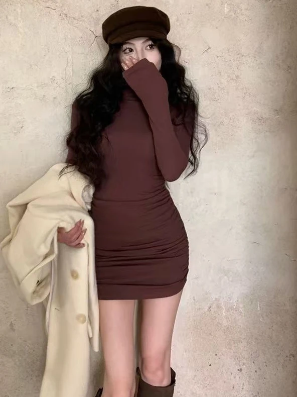 

Sexy High Neck Long Sleeve Bodycon Dress Women's New 2026 Black Slim Fit Waist Cinched Base Layer Dress High End Feeling