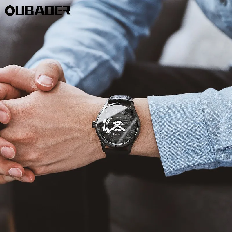 OUBAOER Men Engineer Series Automatic Mechanical Watch Genuine Leather Strap Dial Waterproof Industrial Business Wristwatch view 5