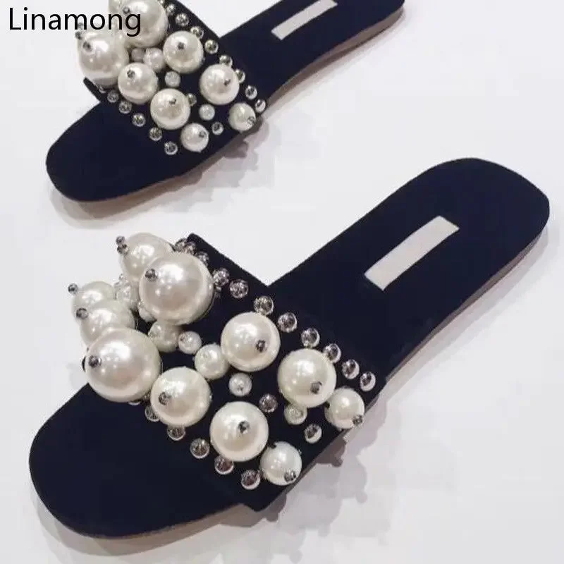 

New Arrival Velvet Flat Slippers Women Open Toe Big White Pearl Bead Sexy Shoes Female Flat Casual Slides Vintage Style