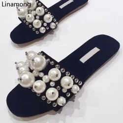 New Arrival Velvet Flat Slippers Women Open Toe Big White Pearl Bead Sexy Shoes Female Flat Casual Slides Vintage Style