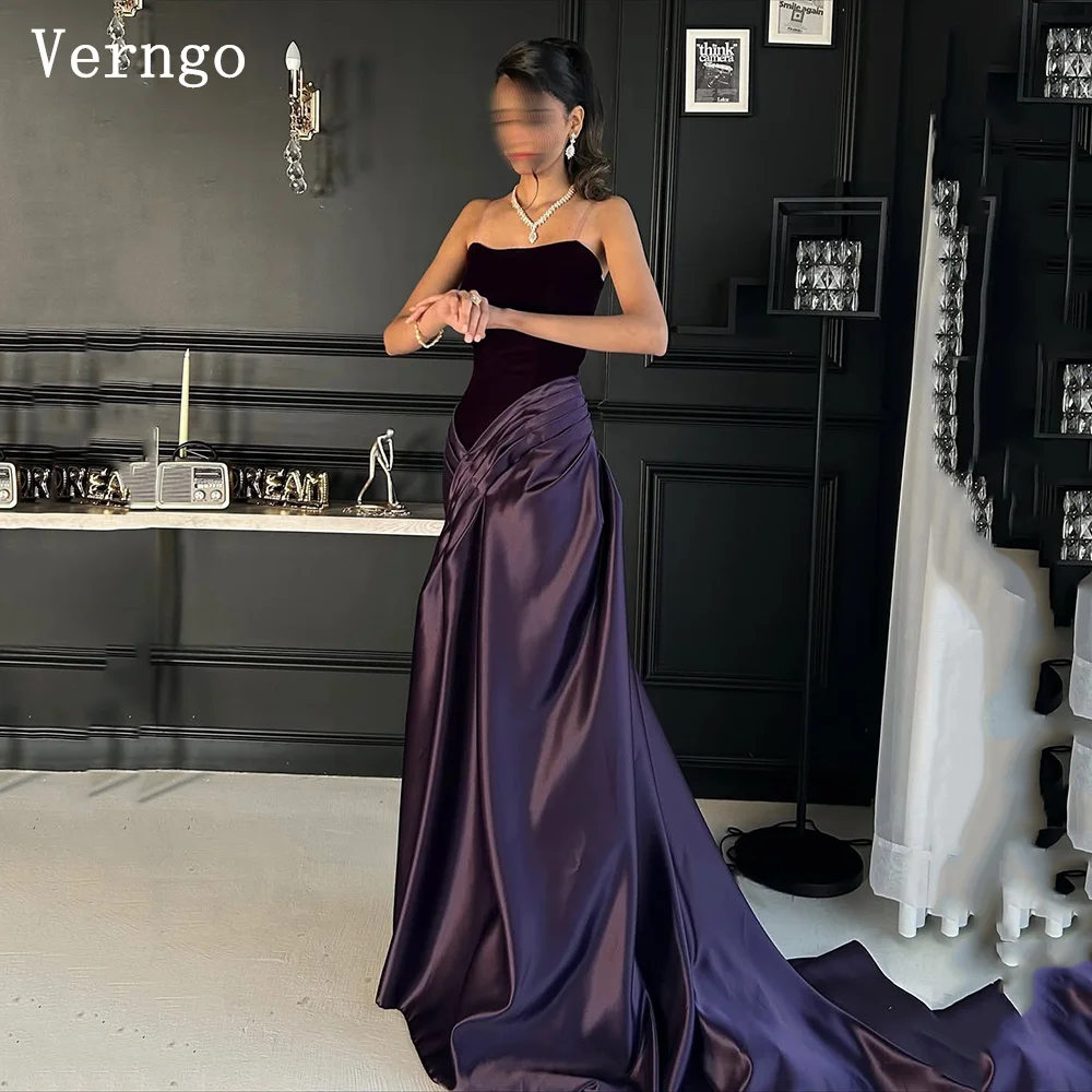 

Verngo Purple Velvet Evening Dress Strapless Mermiad Pleated Formal Occasion Dress Elegant Saudi ARabia Prom Gown Customized