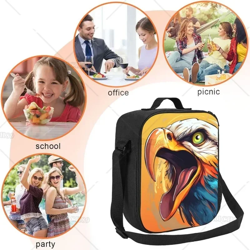 Cartoon Eagle Insulated Lunch Bag with Handle and Pocket Leak Proof Portable Lunch Box for Women Men Work Office Outdoor Picnic