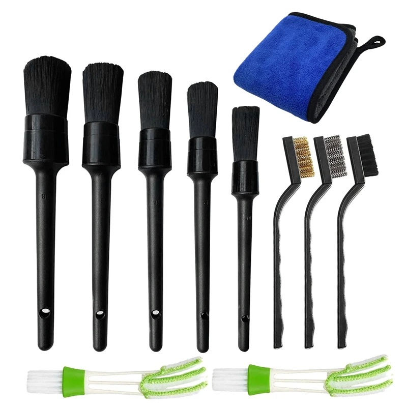 11Pcs Automatic Detail Brush Set Including Detail Brushes Wire Brushes And Car Air Conditioner Brushes Microfiber Towels