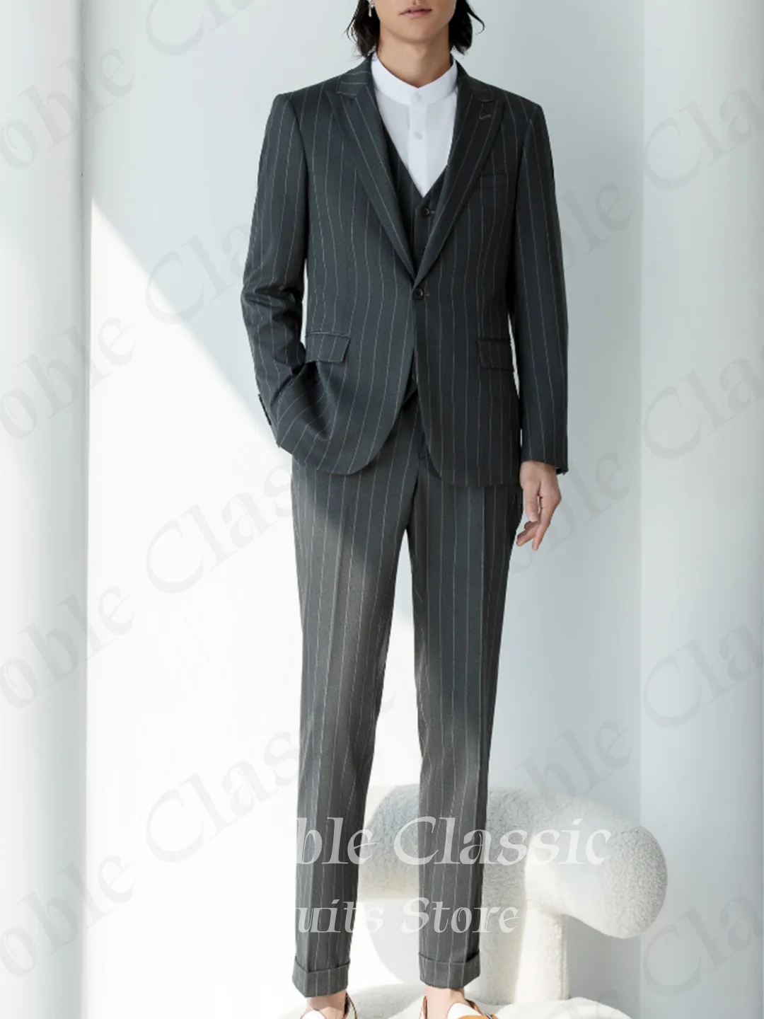 Men Vintage 3 Piece Suit Grey Pinstripe Notch Lapel Single Breasted Textured Fabric Wedding Blazer Waistcoat Pants Customized