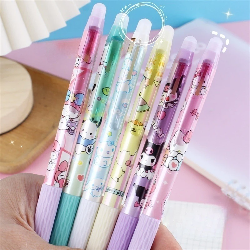 Kuromi Melody Cinnamonroll Caneta Gel apagável, caneta de escrita estudante de secagem rápida, presente bonito de papelaria para menina, 0,5, 6pcs