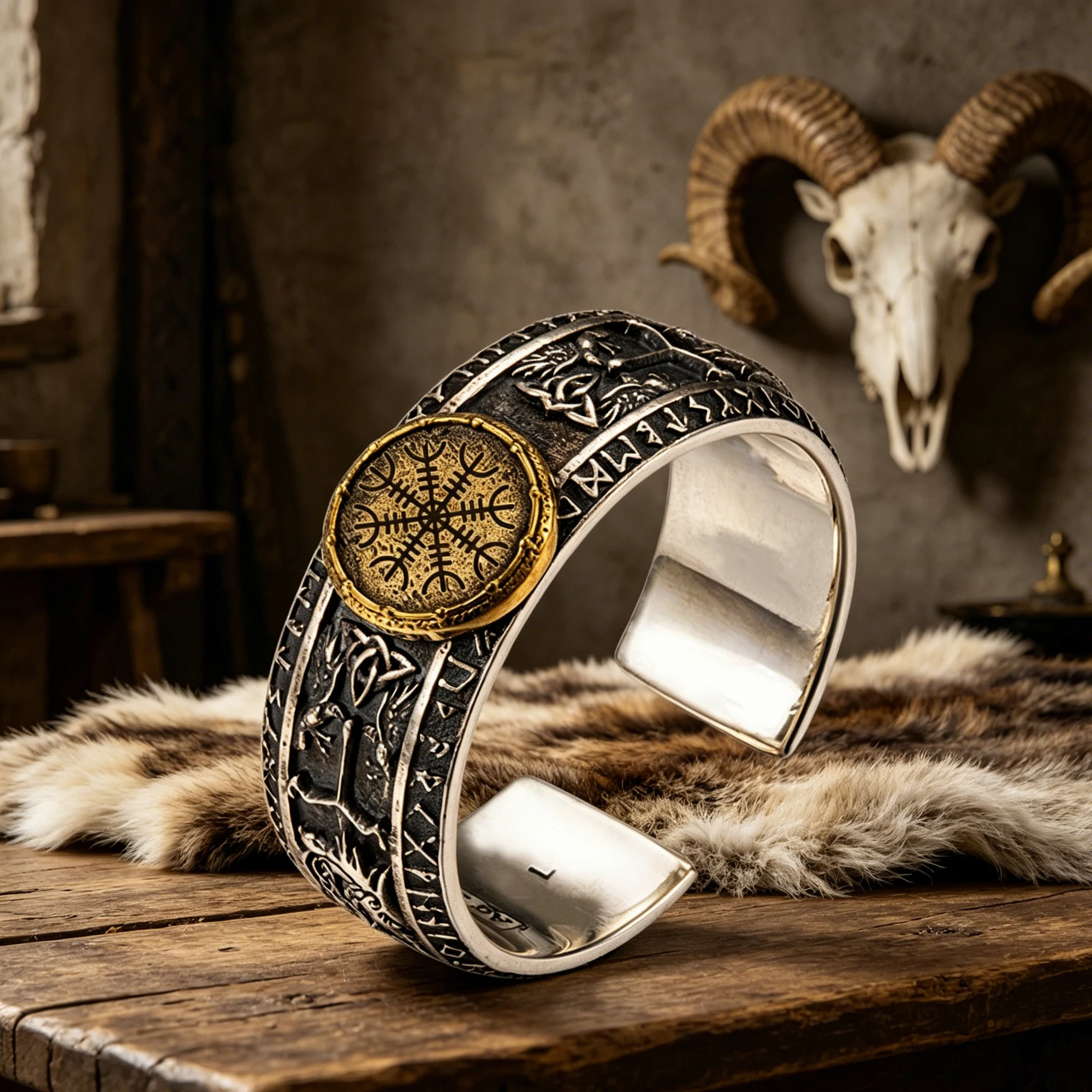 925 Sterling Silver Viking Helm of Awe Adjustable Band Ring, Copper Inlaid Dragon Sword Design, Norse Culture Inspired Biker Jew