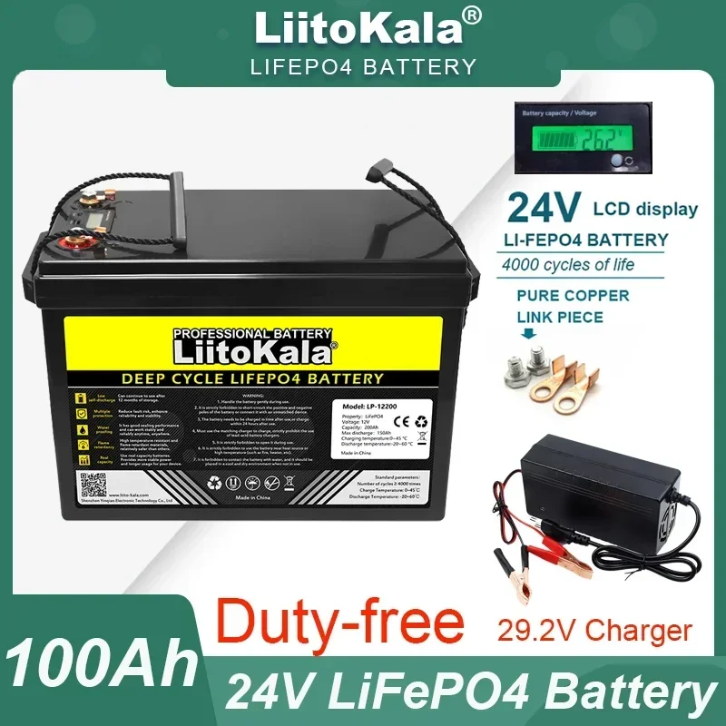 LiitoKala 24v 100Ah 80ah 8s LiFePO4 Lithium Battery USB3.0 Type-C for RV travel Inverter Car lighter Batteries 29.2V Charger