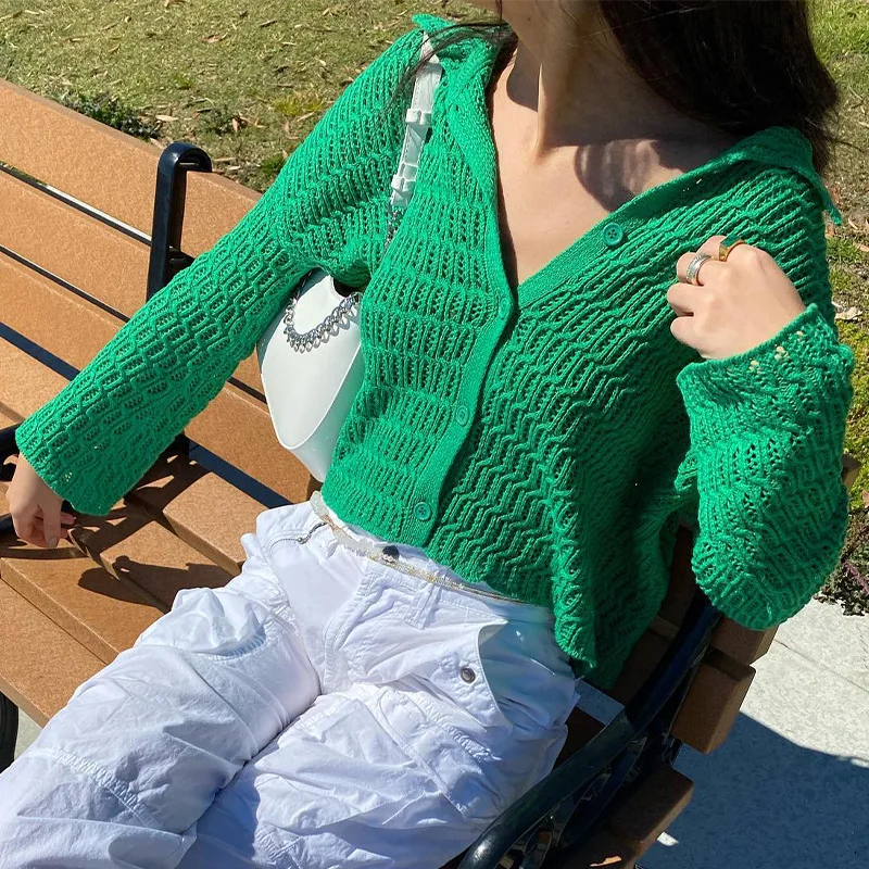 Chic Women Button Up Green Knitted Sweater Y2K Fairycore Grunge Vintage Cardigans 2000s Retro Crochet Hollow Out Coats Clothes