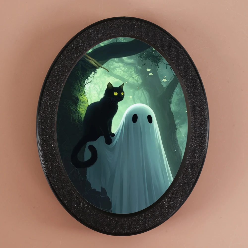 Grenzüberschreitende ovale Halloween-Dekoration, Geister- und schwarze Katze in der Waldszene, die geheimnisvolle und fantastische Atmosphäre schaffen,
