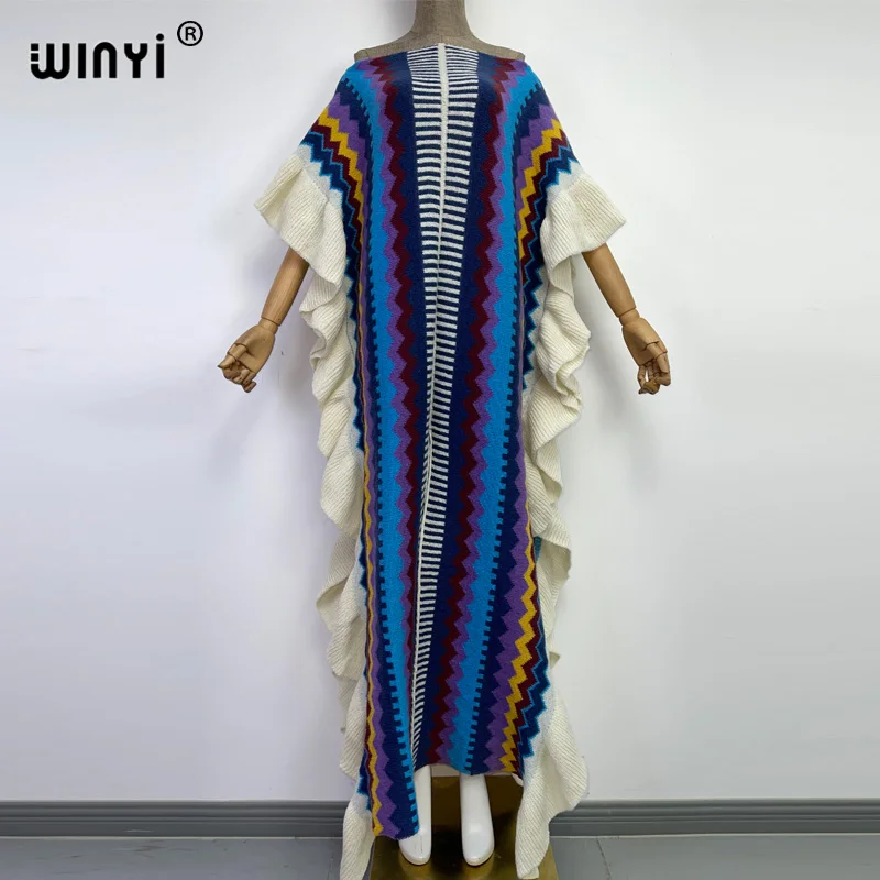 WINYI 2022 NEW knitting Rainbow printing Comfort Warm winter fashion Holiday dress Elegant Africa Women Boho party long dress