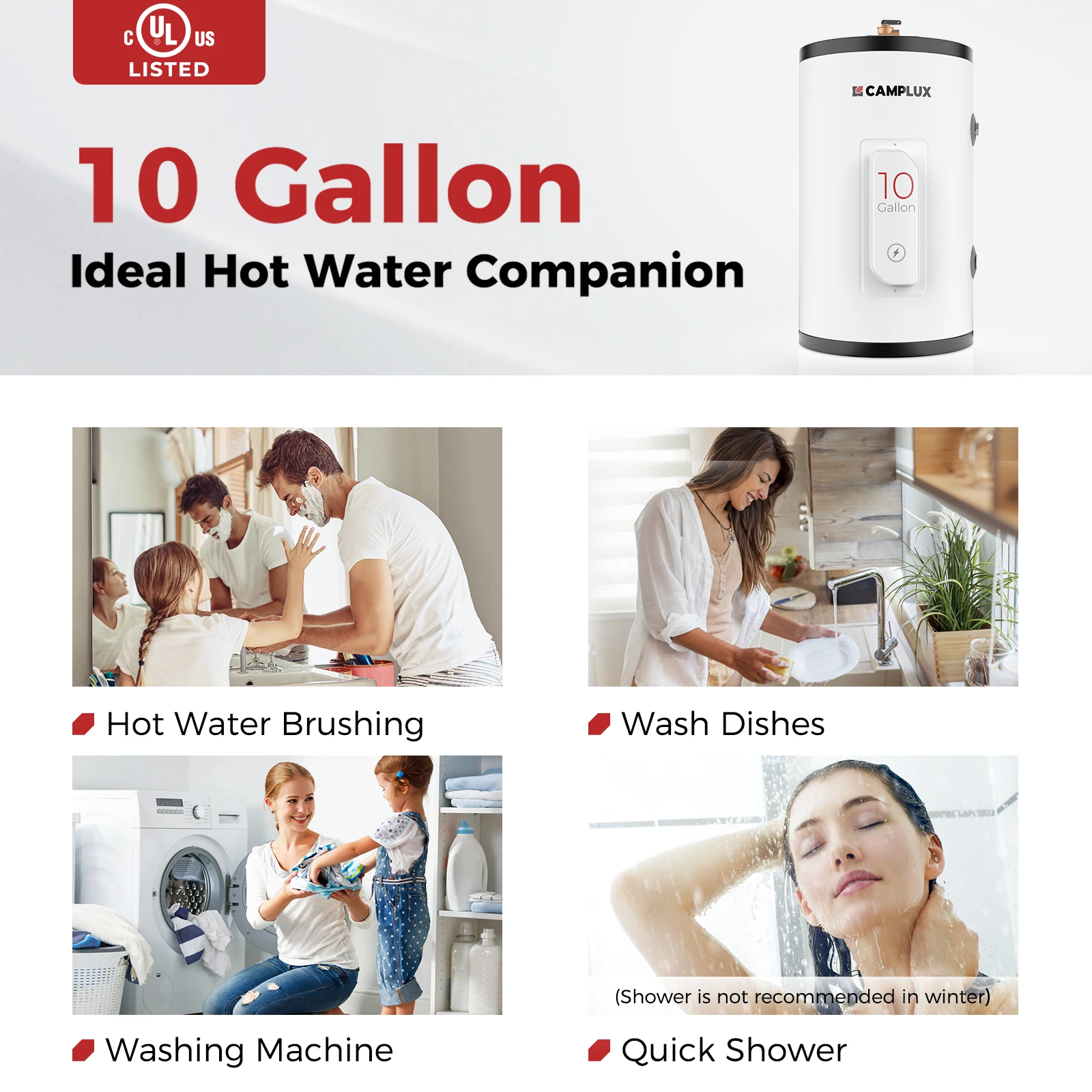CAMPLUX ME100B 10Gallon Electric Tank Hot Water Heater 120V 1500W Point Of Use Adjustable Thermostat Compact Energy Saving